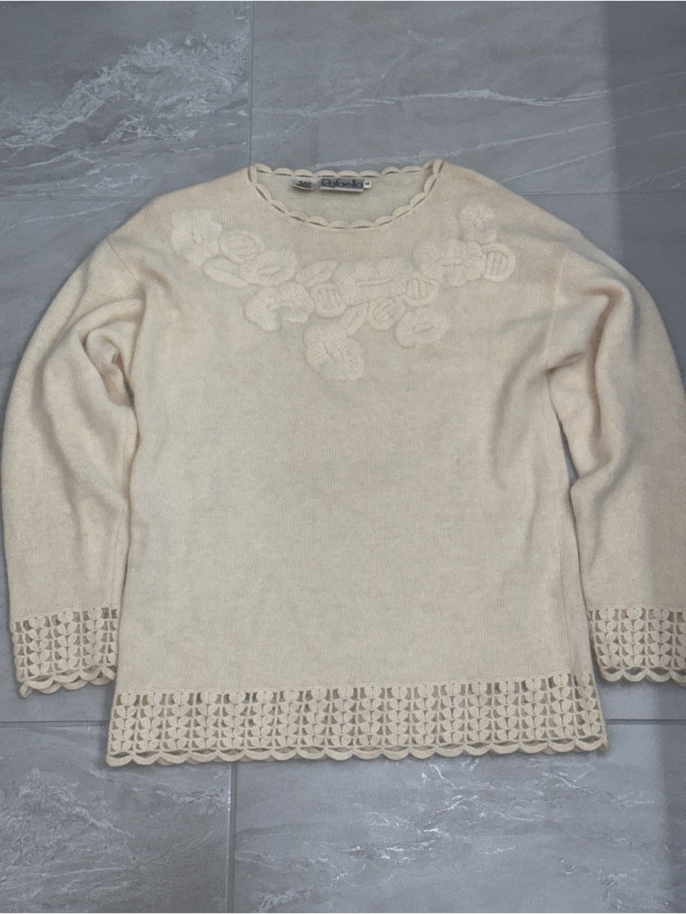 Cream Floral Grandmacore Knit Scoop Neck Angora Sweater Cottagecore